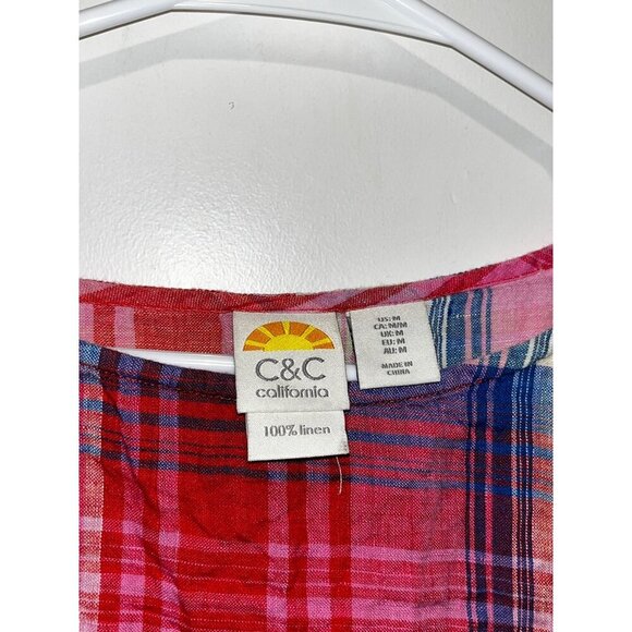 C&C California Linen Plaid Ruffle-Hem Short Sleeve Women's Top Size M - Picture 3 of 7